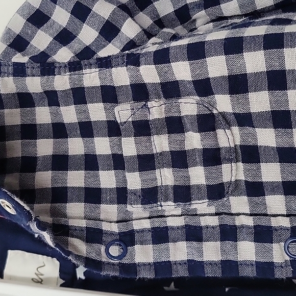 Baby Boden Gingham Check Blue Gray Stars Cotton Snaps Button Down Shirt Sz.3-6mo - Picture 5 of 12